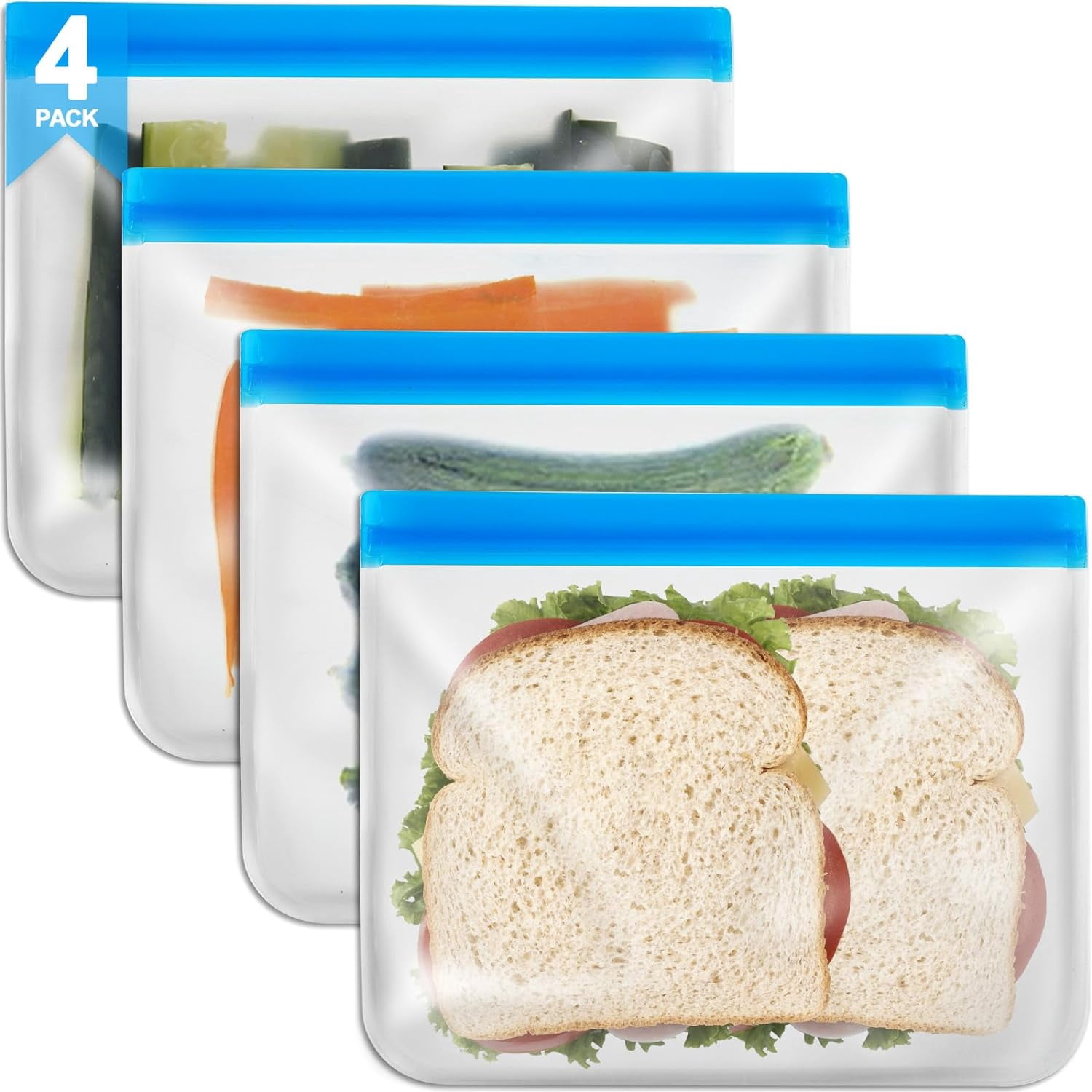 4 Packs Reusable Sandwich Bags Ziplock, Reusable Ziplock Silicone Bags ...