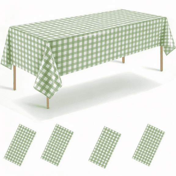 4 Pack Sage Green Gingham Tablecloth, 54"x 108" Disposable Plastic Rectangle Table Cover, Waterproof Sage Green Checkered Tablecloth for Picnic, Birthday Party Supplies