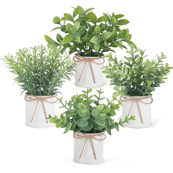 4 Packs Small Fake Plants in Farmhouse Galvanized Pots Table Centerpiece Mini Potted Artificial Plants Faux Eucalyptus for Shelf Office Rustic Home Decor (White, Mini-6" H)