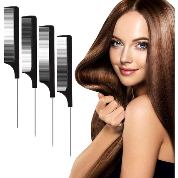 4 Packs Stainless Steel Rat Tail Combs, Professional Tail Comb Teasing Hair Combs Metal Parting Comb Barber Styling Plastic Tool for Women and Men (Black)
