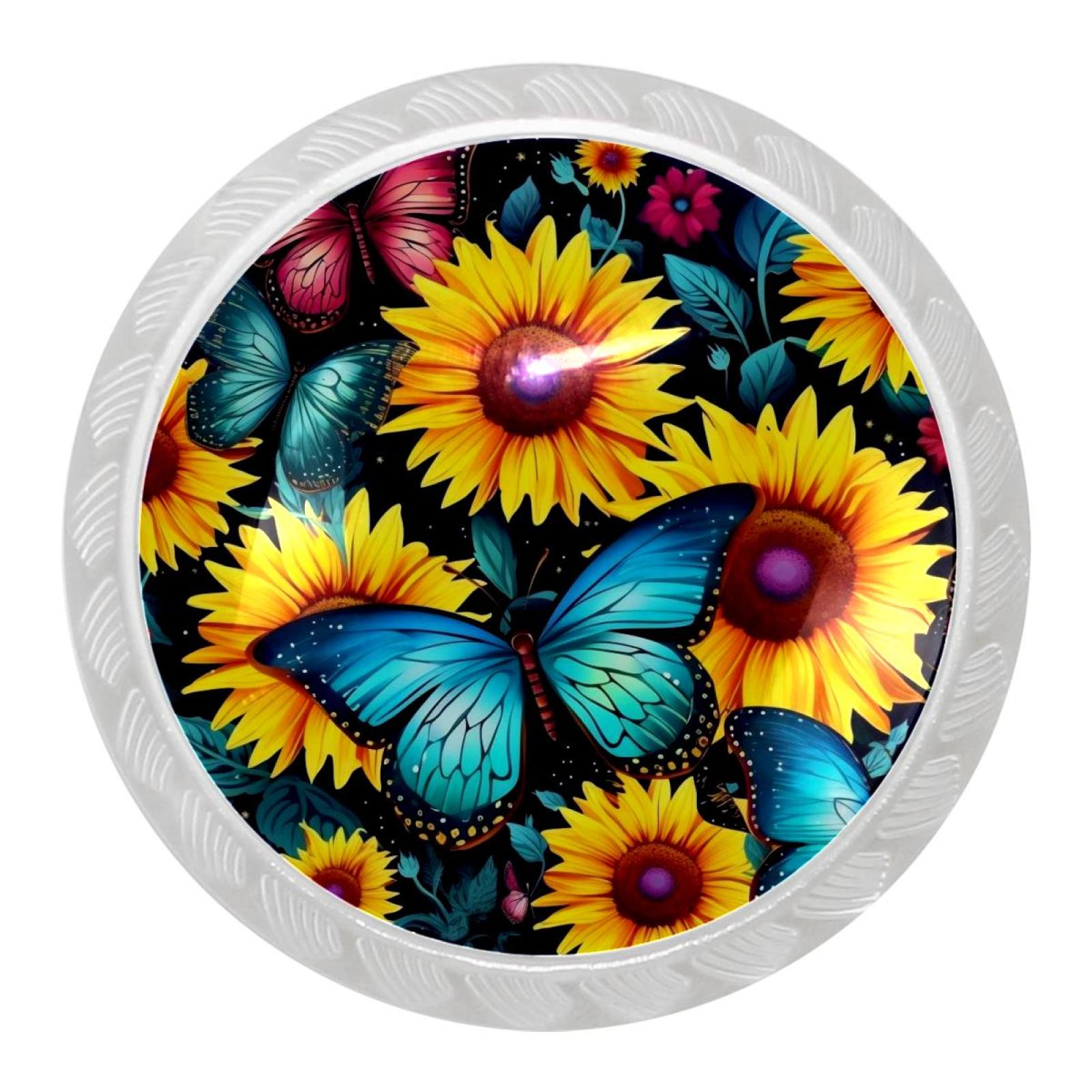 4 Packs Starry Sky Sunflower Butterfly Kitchen Knobs for