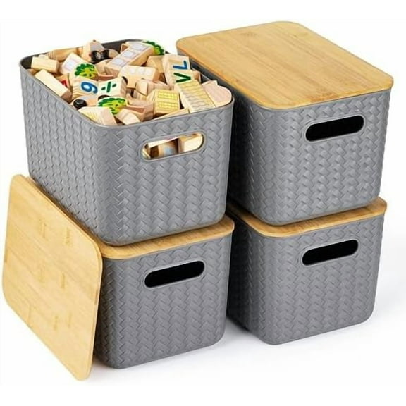 4 Packs Storage Bins with Bamboo Lids - Plastic Storage Containers with Lids Stackable Storage Box：Storage Baskets for Organizing Desktop Closet Playroom Classroom Office,Gray