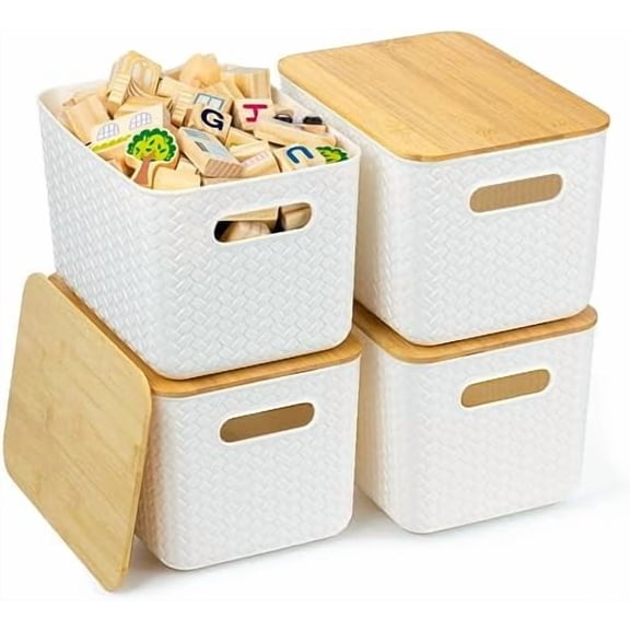 4 Packs Storage Bins with Bamboo Lids - Plastic Storage Containers with Lids Stackable Storage Box:Storages Baskets for Organizing Desktop Closet Playroom Classroom Office,White