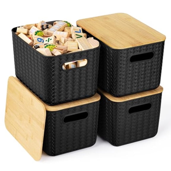 4 Packs Storage Bins with Bamboo Lids - Plastic Storage Containers with Lids Stackable Storage Box: Storages Baskets for Organizing Desktop Closet Playroom Classroom Office Black