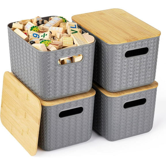 4 Packs Storage Bins with Bamboo Lids - Plastic Storage Containers with Lids Stackable Storage Box：Storage Baskets for Organizing Desktop Closet Playroom Classroom Office,Gray
