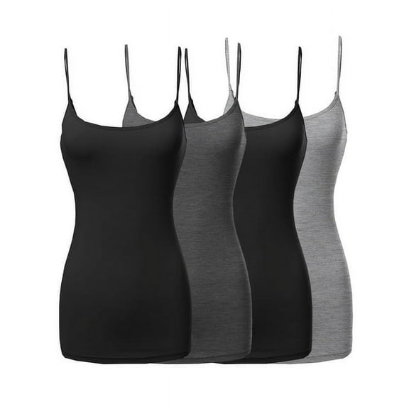 4 Packs - TheLovely Women's & Plus Size Basic Solid Long Length Adjustable Spaghetti Strap Tank Top Camisole (4PK - Black/Black/Charcoal/H.Grey, L)