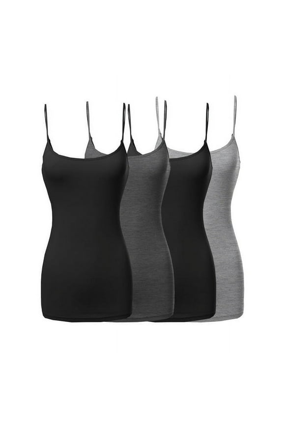 4 Packs - TheLovely Women's & Plus Size Basic Solid Long Length Adjustable Spaghetti Strap Tank Top Camisole (4PK - Black/Black/Charcoal/H.Grey, L)