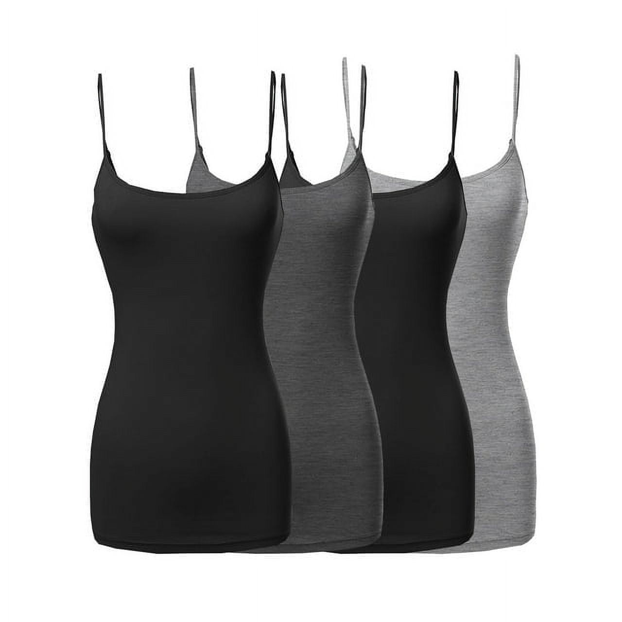 4 Packs - TheLovely Women's & Plus Size Basic Solid Long Length Adjustable Spaghetti Strap Tank Top Camisole (4PK - Black/Black/Charcoal/H.Grey, S)