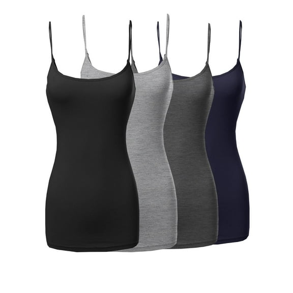 4 Packs - TheLovely Women's & Plus Size Basic Solid Long Length Adjustable Spaghetti Strap Tank Top Camisole (4PK - Black/H. Grey/Charcoal/Navy, L)