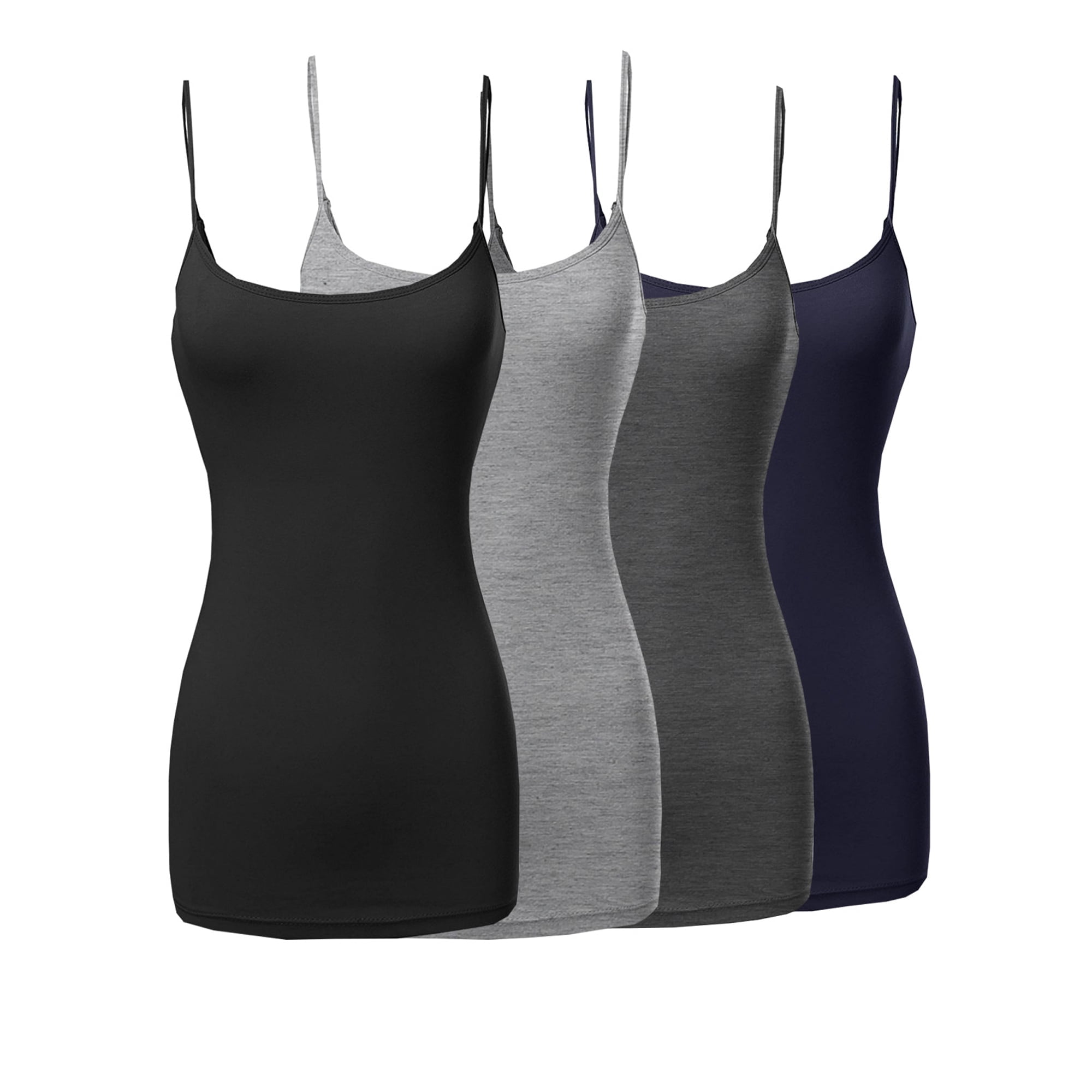 4 Packs - TheLovely Women's & Plus Size Basic Solid Long Length Adjustable Spaghetti Strap Tank Top Camisole (4PK - Black/H. Grey/Charcoal/Navy, S)