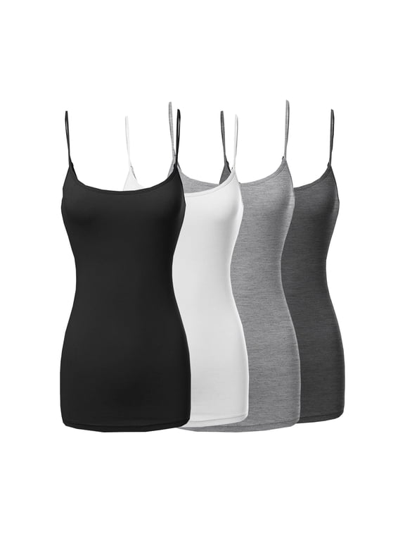 4 Packs - TheLovely Women's & Plus Size Basic Solid Long Length Adjustable Spaghetti Strap Tank Top Camisole (4PK - Black/White/H. Grey/Charcoal, 2XL)