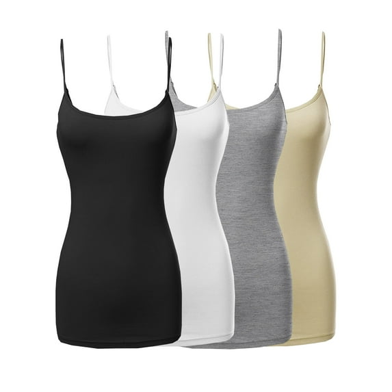 4 Packs - TheLovely Women's & Plus Size Basic Solid Long Length Adjustable Spaghetti Strap Tank Top Camisole (4PK - Black/White/H. Grey/Taupe, 3XL)