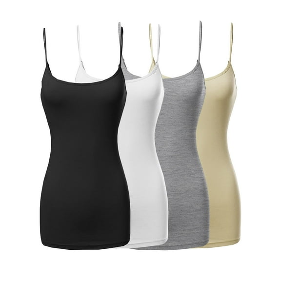 4 Packs - TheLovely Women's & Plus Size Basic Solid Long Length Adjustable Spaghetti Strap Tank Top Camisole (4PK - Black/White/H. Grey/Taupe, L)