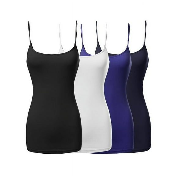 4 Packs - TheLovely Women's & Plus Size Basic Solid Long Length Adjustable Spaghetti Strap Tank Top Camisole (4PK - Black/White/Royal/Navy, 2XL)