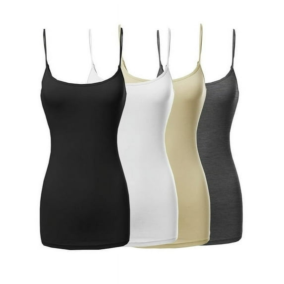 4 Packs - TheLovely Women's & Plus Size Basic Solid Long Length Adjustable Spaghetti Strap Tank Top Camisole (4PK - Black/White/Taupe/Charcoal, 2XL)