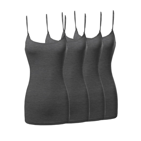 4 Packs - TheLovely Women's & Plus Size Basic Solid Long Length Adjustable Spaghetti Strap Tank Top Camisole (4PK - Charcoal/Charcoal/Charcoal/Charcoal, L)