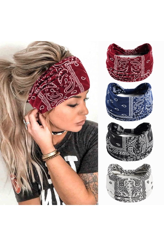 4 Packs Thick Boho Stylish Floral Turban Wide Headbands for Women - Non Slip Hairbands for Hair, Sport, Workout, Yoga, Hair Accessories