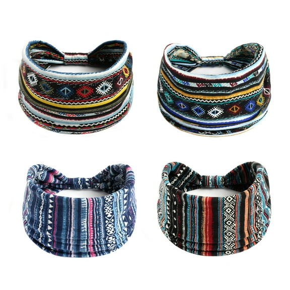 4 Packs Thick Boho Stylish Floral Turban Wide Headbands for Women - Non Slip Hairbands for Hair, Sport, Workout, Yoga, Hair Accessories