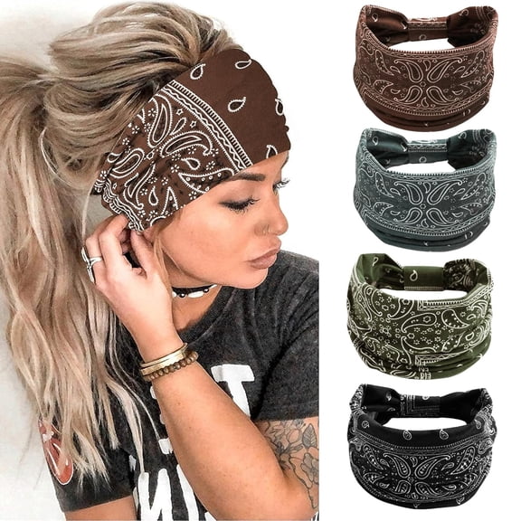 4 Packs Thick Boho Stylish Floral Turban Wide Headbands for Women - Non Slip Hairbands for Hair, Sport, Workout, Yoga, Hair Accessories