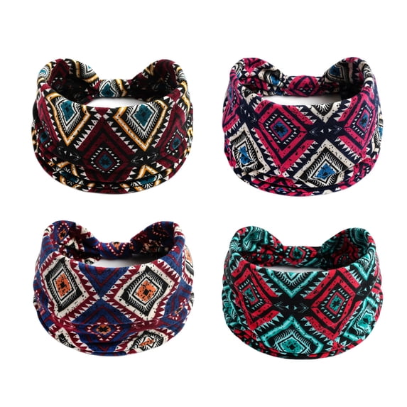 4 Packs Thick Boho Stylish Floral Turban Wide Headbands for Women - Non Slip Hairbands for Hair, Sport, Workout, Yoga, Hair Accessories