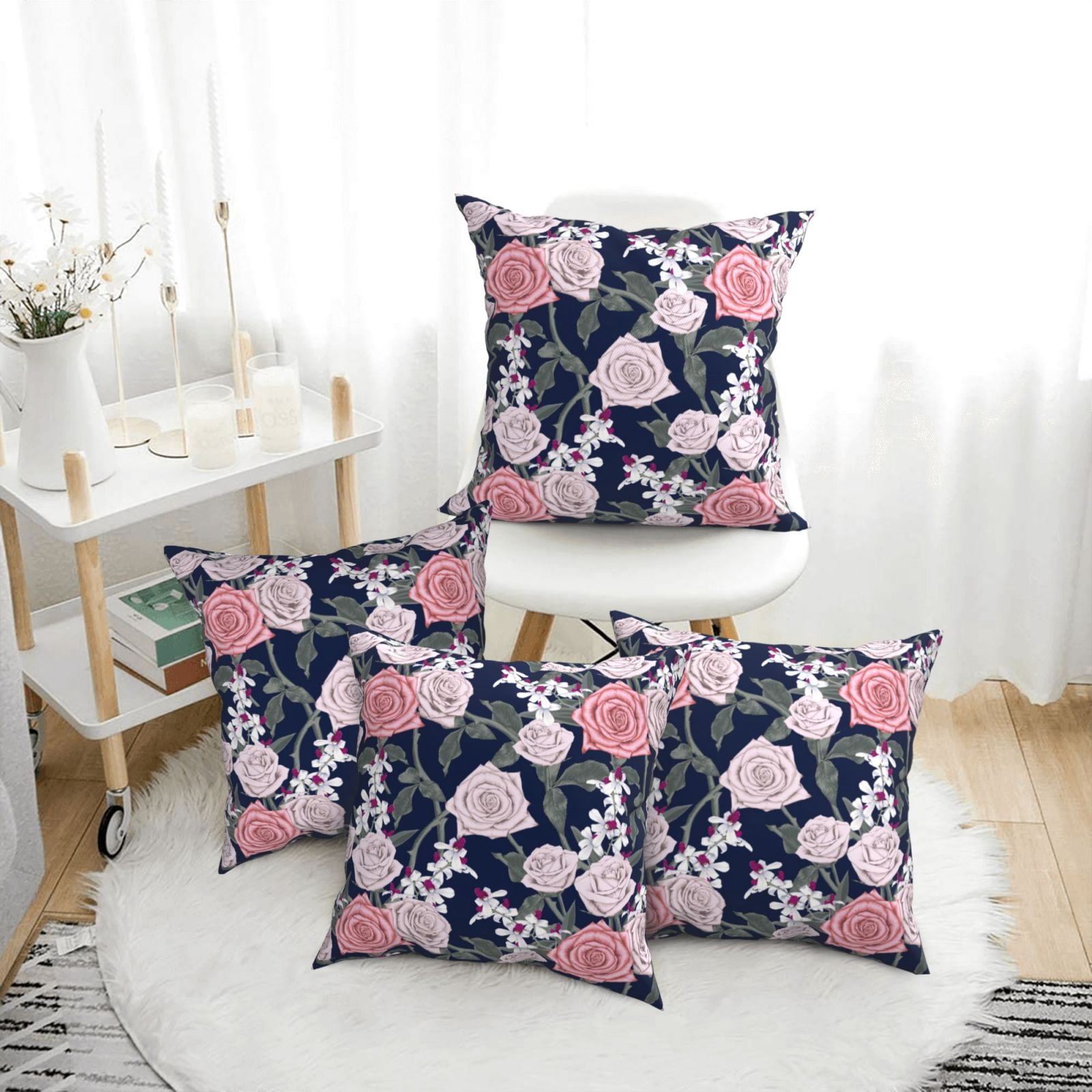 Pink Roses Covers 4 Packs Throw Pillow Covers Gorgeous Pink Rose Flowers Soft Decorative ...