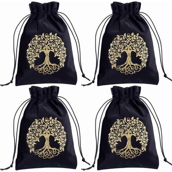 4 Packs Tree Of Life Tarot Card Bag Tarot Card Packing Pouches Thick Velvet Drawstring Bag Black Protective Card Board Game Embroidery DIY