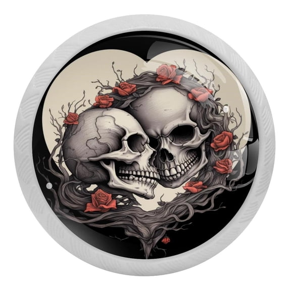 4 Packs Two Skull Head with Heart Crystal Glass Cabinet Knobs Drawer Handles for Kitchen Cabinets Dresser Cupboard Wardrobe Pulls Handles