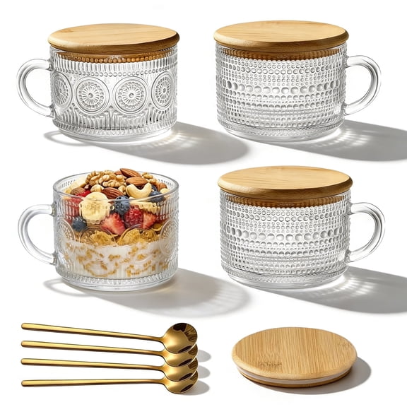 4 Packs Vintage Coffee Mugs, 14oz Embossed Glass Cups, Overnight Oats Containers with Lids, Vintage Mugs Set, Coffee Bar Accessories