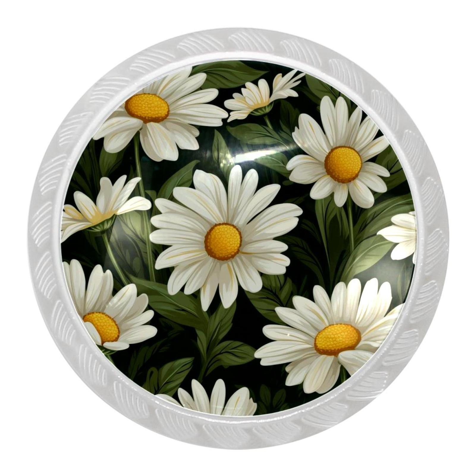 4 Packs White Daisy Flowers Transparent Knobs Drawer Handles