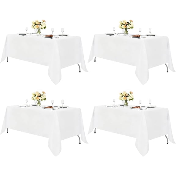 4 Packs White Tablecloth 60 x 126 Inch, Rectangle 8 Feet Table Cloth - Stain and Wrinkle Resistant Washable Polyester Table Cover for Dining Tables, Buffet Parties and Camping