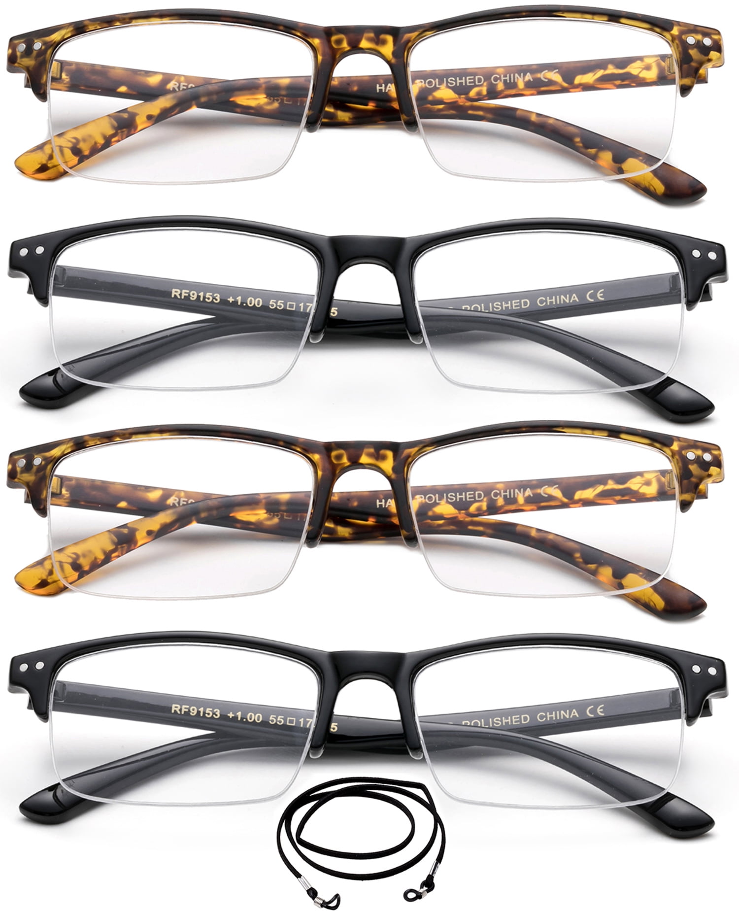 4 Packs Wide Frame Reading Glasses Semi Half Frame Stylish Fashion