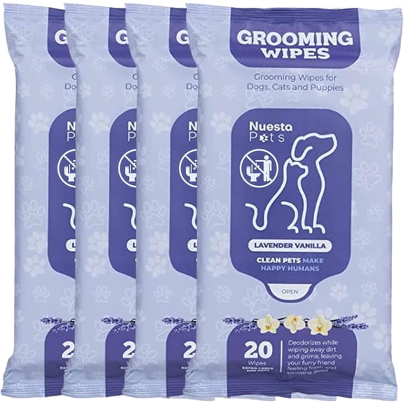 Nuesta Pets Deodorizing Wipes, Dog Cleansing Cloths, Puppy Grooming, Lavender Scented, 80 Count, 4 pack