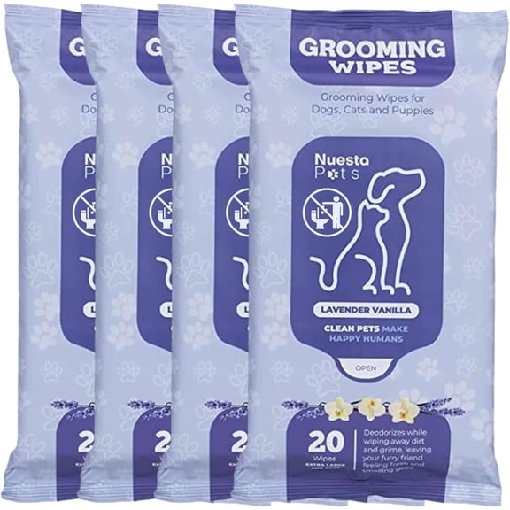 Nuesta Pets Deodorizing Wipes, Dog Cleansing Cloths, Puppy Grooming, Lavender Scented, 80 Count, 4 Pack