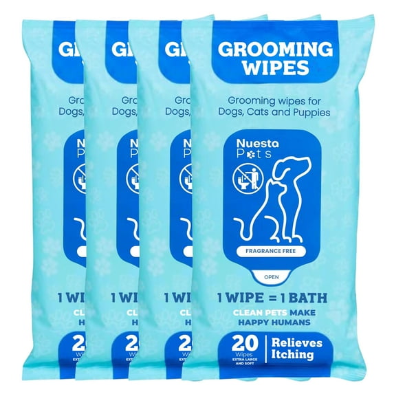 Nuesta Pets Deodorizing Wipes, Dog Cleansing Wipes, Puppy Grooming, Unscented, 80 Count, 4 Pack