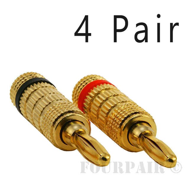 4 Pair, 8pcs Closed Screw Speaker Wire Banana Plugs Audio Gold