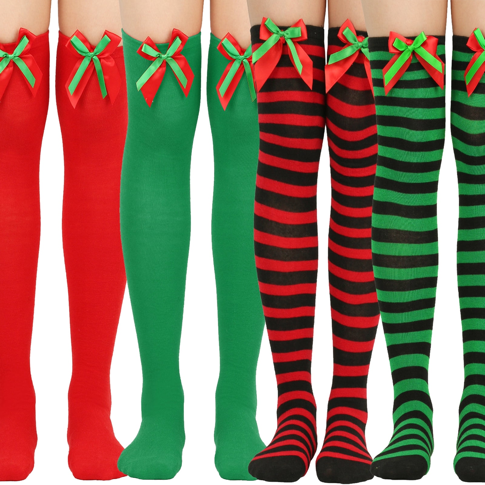 4Pair Christmas Red Green Striped Long Socks, Women Over Knee Thigh High Socks, Over The Knee