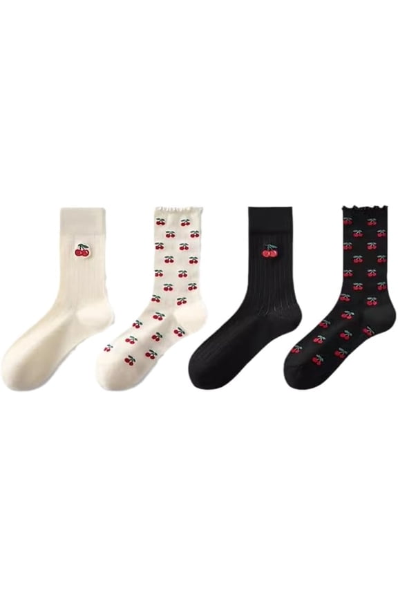 4 Pair Cute Crew Socks for Women Cottagecore Cherry Slouchy Cotton Socks Coquette Breathable Ribbed Knit Ruffle Socks