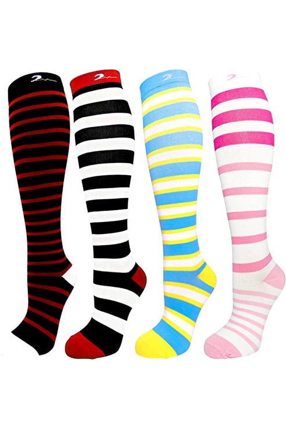 4 Pair Extra-Soft Colorful Moderate Graduated Compression Socks 15-20 mmHg. Nurses, Running, Travel, Knee-High Mens & Womens Comfort Blend. Stylish Knee-High Designs. Multi-color Stripe. Small/Medium