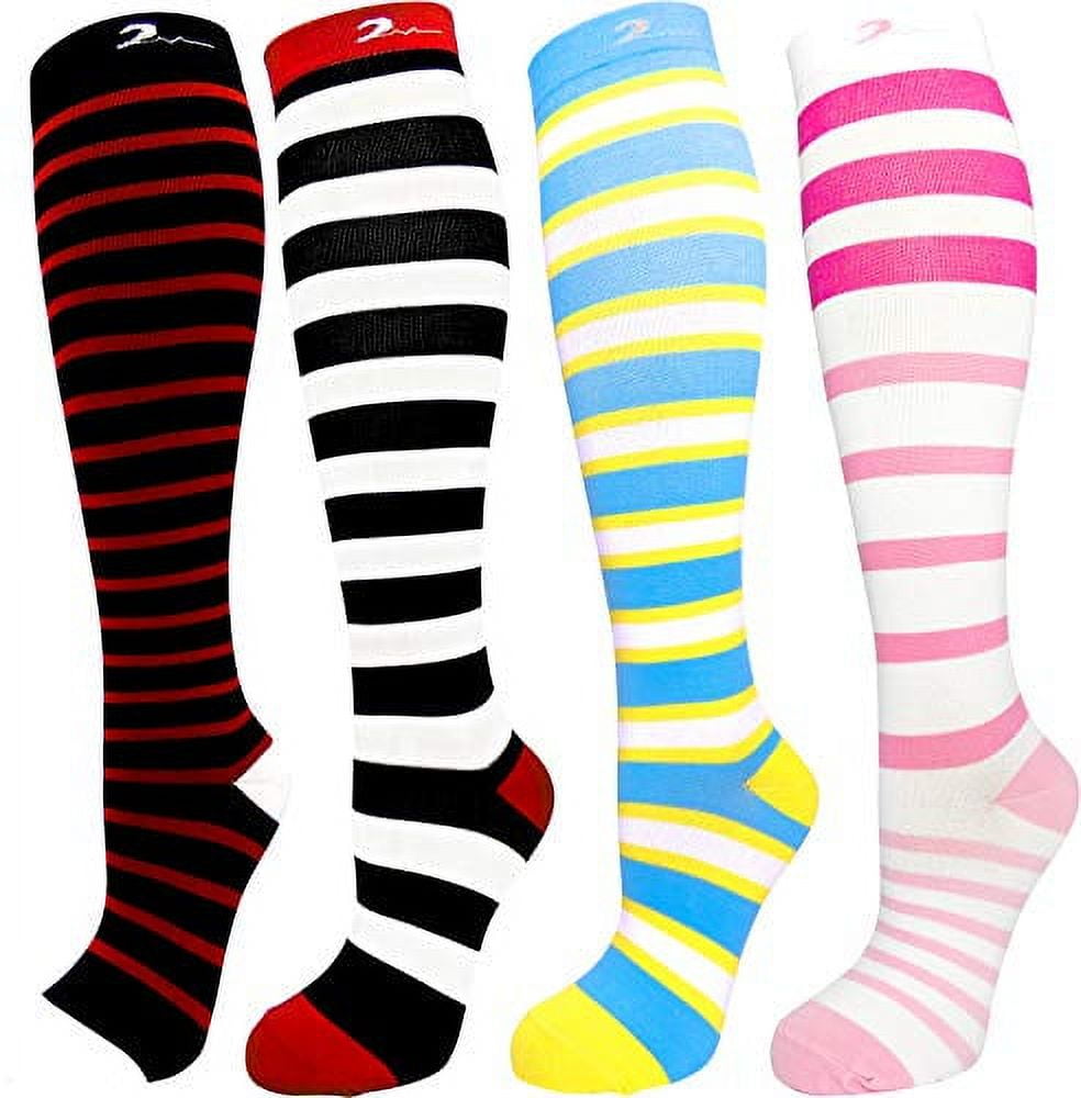 4 Pair Extra-Soft Colorful Moderate Graduated Compression Socks 15-20 mmHg. Nurses, Running, Travel, Knee-High Mens & Womens Comfort Blend. Stylish Knee-High Designs. Multi-color Stripe. Small/Medium