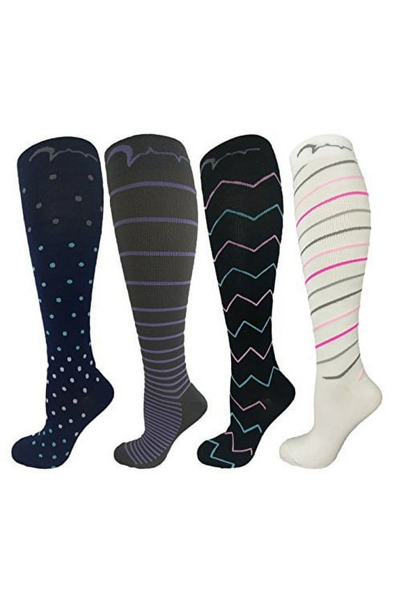 4 Pair Large/X-Large Colorful Compression Sock (Fits Large Calves!) Medium Graduated Compression 15-20 mmHg, For Men and Women. Therapeutic, Occupational, Travel & Flight Knee-High Hosiery. (1st) US