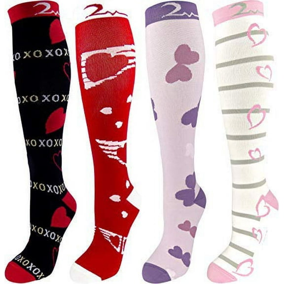 4 Pair Large/X-Large Extra Soft Colorful Moderate Graduated Compression Socks 15-20 mmHg. Knee-High Mens & Womens Comfort Blend Romantic Heart Designs