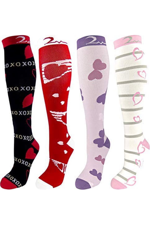 4 Pair Large/X-Large Extra Soft Colorful Moderate Graduated Compression Socks 15-20 mmHg. Knee-High Mens & Womens Comfort Blend Romantic Heart Designs