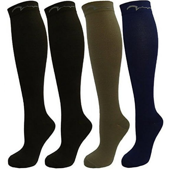 4 Pair Medium Extra Soft Assorted Compression Socks, Moderate/Medium Graduated Compression 15-20 mmHg, For Men and Women. Nurses, Running, Travel & Flight Knee-High. 1 Navy, 1 Khaki, 2 Black
