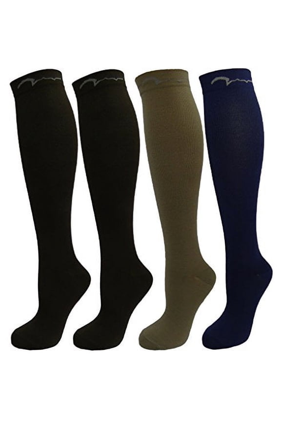4 Pair Medium Extra Soft Assorted Compression Socks, Moderate/Medium Graduated Compression 15-20 mmHg, For Men and Women. Nurses, Running, Travel & Flight Knee-High. 1 Navy, 1 Khaki, 2 Black