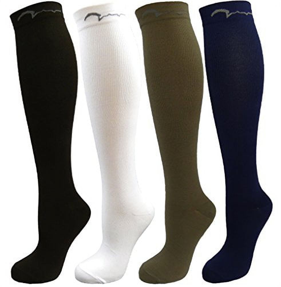 4 Pair Medium Extra Soft Assorted Compression Socks, Moderate/Medium Graduated Compression 15-20 mmHg, for Men and Women. Nurses, Running, Travel & Flight Knee-High. Black, White, Khaki, Navy