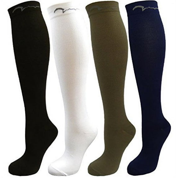 4 Pair Medium Extra Soft Assorted Compression Socks, Moderate/Medium Graduated Compression 15-20 mmHg, for Men and Women. Nurses, Running, Travel & Flight Knee-High. Black, White, Khaki, Navy