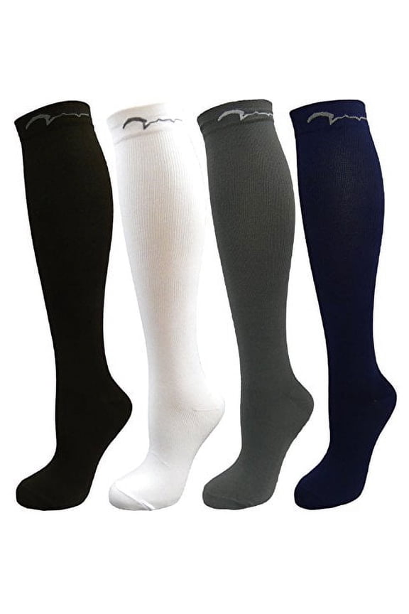 4 Pair Medium Extra Soft Assorted Compression Socks, Moderate/Medium Graduated Compression 15-20 mmHg, For Men and Women. Nurses, Running, Travel & Flight Knee-High. Black, White, Grey, Navy