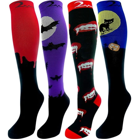 4 Pair Medium/Large Colorful Moderate Graduated Compression Socks 15-20 mmHg. Mens & Womens Knee-High Comfort Blend Halloween Dark Festive Designs