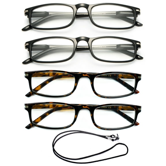 4 Pair Newbee Fashion - Unisex Modern Look Slim Frame Spring Temple Light Weight Reading Glasses , 2 Black & 2 Brown, +1.00