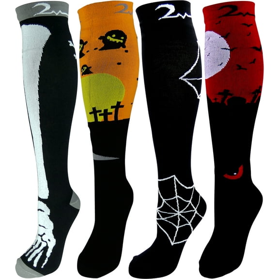 4 Pair Pack Knee-High Youth Compression Socks for Athletics; Basketball, Baseball, Softball, Soccer, Football, Running, Cross Country, MTB, Sports. Gift Set; Halloween Dress-Up, Medium-Fits ages 9-16